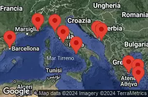 BARCELONA, SPAIN, NICE, FRANCE, FLORENCE/PISA(LIVORNO),ITALY, Civitavecchia, Italy, NAPLES/CAPRI, ITALY, AT SEA, KOTOR, MONTENEGRO, DUBROVNIK, CROATIA, MYKONOS, GREECE, SANTORINI, GREECE, ATHENS (PIRAEUS), GREECE