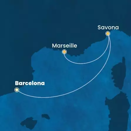 COSTA FASCINOSA - itinerár  1 nocí odchod z BARCELONA dňa 12/11/2025 - Spain, Italy, France