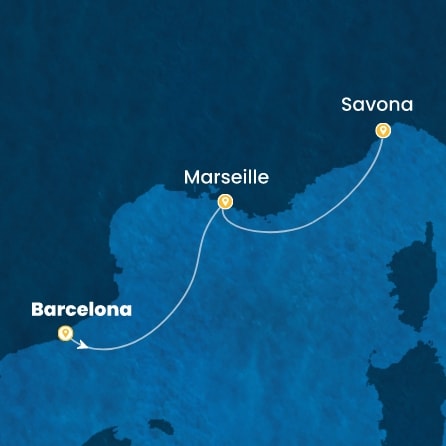 COSTA FASCINOSA - itinerár  1 nocí odchod z BARCELONA dňa 27/10/2026 - Spain, France, Italy