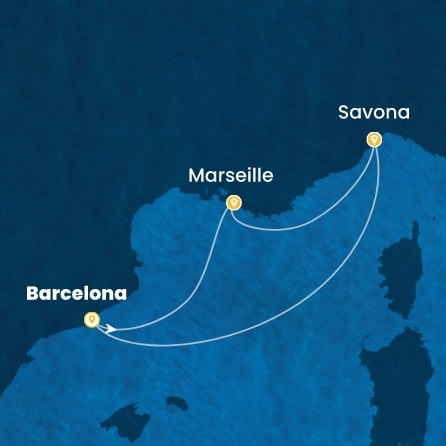 COSTA FASCINOSA - itinerár  2 nocí odchod z BARCELONA dňa 27/10/2026 - Spain, France, Italy