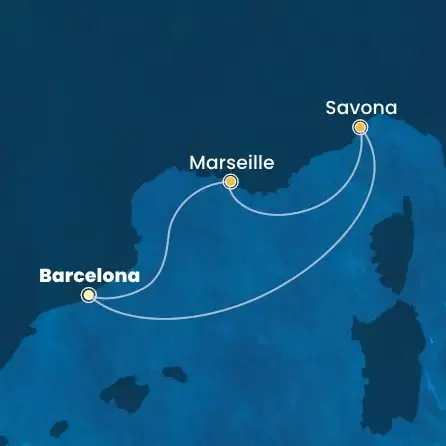 COSTA FAVOLOSA - itinerár  2 nocí odchod z BARCELONA dňa 03/05/2026 - Spain, Italy, France