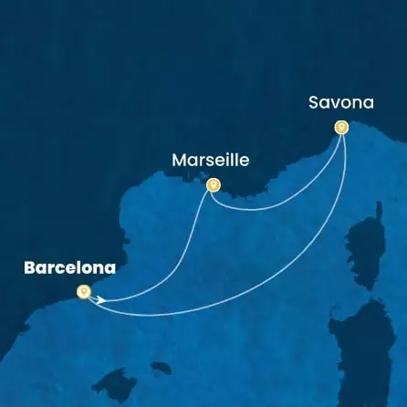 COSTA DIADEMA - itinerár  2 nocí odchod z BARCELONA dňa 20/09/2027 - Spain, France, Italy