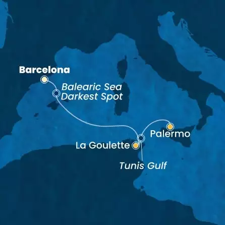 COSTA SMERALDA - itinerár  2 nocí odchod z BARCELONA dňa 13/04/2026 - Spain, Tunisia, Italy