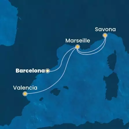 COSTA PACIFICA - itinerár  3 nocí odchod z BARCELONA dňa 28/03/2026 - Spain, France, Italy