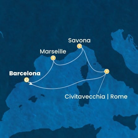 COSTA SMERALDA - itinerár  5 nocí odchod z BARCELONA dňa 09/11/2026 - Spain, Italy, France