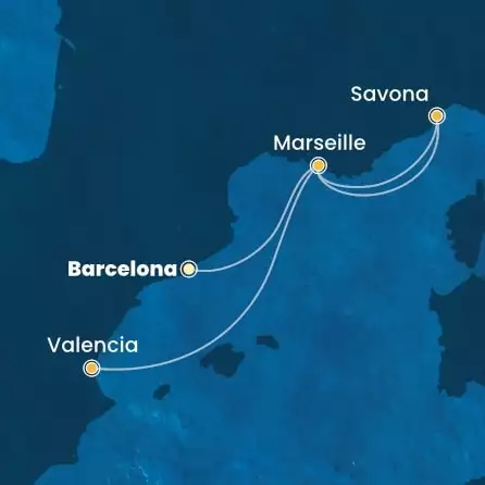 COSTA FAVOLOSA - itinerár  4 nocí odchod z BARCELONA dňa 31/03/2026 - Spain, France, Italy