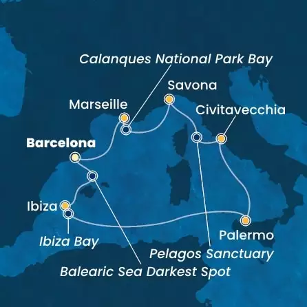 COSTA TOSCANA - itinerár  6 nocí odchod z BARCELONA dňa 20/05/2025 - Spain, Balearic Islands, Italy, France