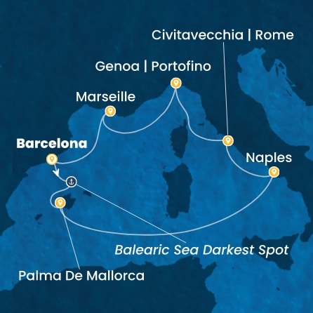 COSTA TOSCANA - itinerár  7 nocí odchod z BARCELONA dňa 08/11/2026 - Spain, Balearic Islands, Italy, France