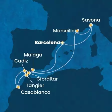COSTA FAVOLOSA - itinerár  9 nocí odchod z BARCELONA dňa 12/04/2026 - Spain, Italy, France, Gibraltar, Morocco
