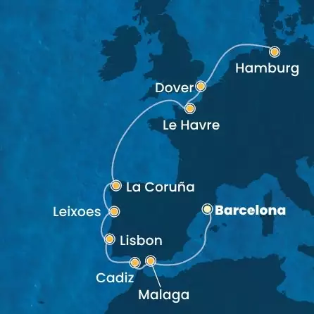 COSTA FAVOLOSA - itinerár  10 nocí odchod z BARCELONA dňa 06/05/2026 - Spain, Portugal, France, England, Germany