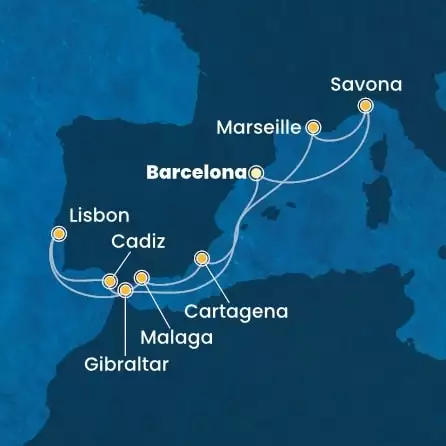 COSTA FAVOLOSA - itinerár  10 nocí odchod z BARCELONA dňa 22/04/2026 - Spain, Italy, France, Gibraltar, Portugal