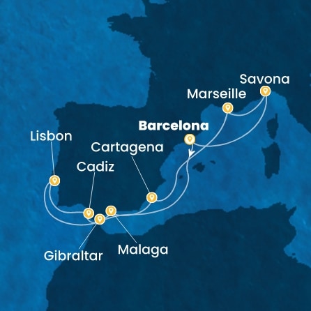 COSTA DIADEMA - itinerár  10 nocí odchod z BARCELONA dňa 28/09/2026 - Spain, Portugal, Gibraltar, France, Italy