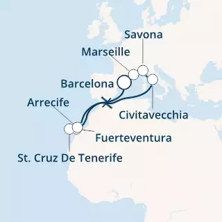 COSTA DIADEMA - itinerár  11 nocí odchod z BARCELONA dňa 01/11/2020 - Spain, France, Italy, Canary Islands