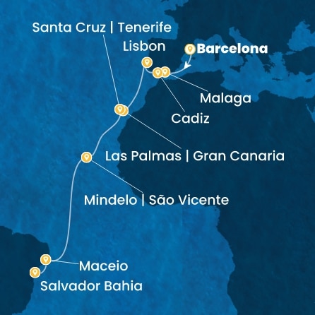COSTA DIADEMA - itinerár  17 nocí odchod z BARCELONA dňa 03/11/2026 - Spain, Portugal, Canary Islands, Cape Verde, Brazil