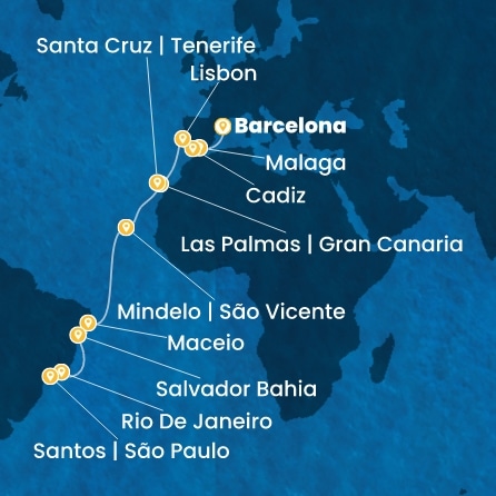 COSTA DIADEMA - itinerár  20 nocí odchod z BARCELONA dňa 03/11/2026 - Spain, Portugal, Canary Islands, Cape Verde, Brazil