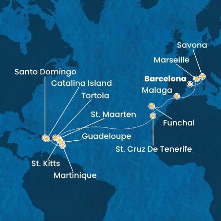 COSTA FASCINOSA - itinerár  22 nocí odchod z BARCELONA dňa 19/11/2025 - Spain, Italy, France, Madeira , Canary Islands, Antilles, Virgin Islands, Dominican Republic