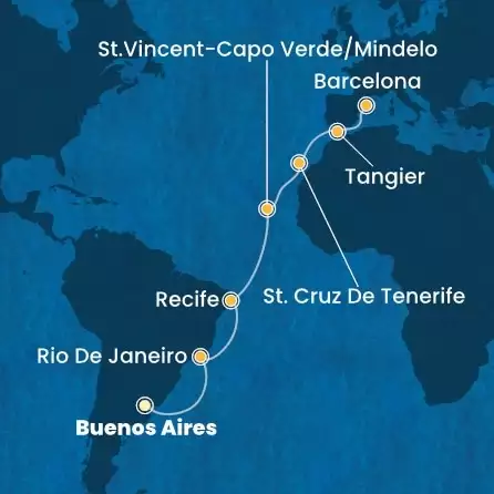 COSTA FAVOLOSA - itinerár  17 nocí odchod z BUENOS AIRES dňa 13/03/2026 - Argentina, Brazil, Cape Verde, Canary Islands, Morocco, Spain