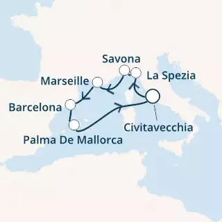 COSTA SMERALDA - itinerár  6 nocí odchod z CIVITAVECCHIA dňa 20/02/2020 - Italy, France, Spain, Balearic Islands