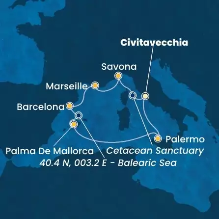 COSTA TOSCANA - itinerár  6 nocí odchod z CIVITAVECCHIA dňa 26/04/2025 - Italy, France, Spain, Balearic Islands