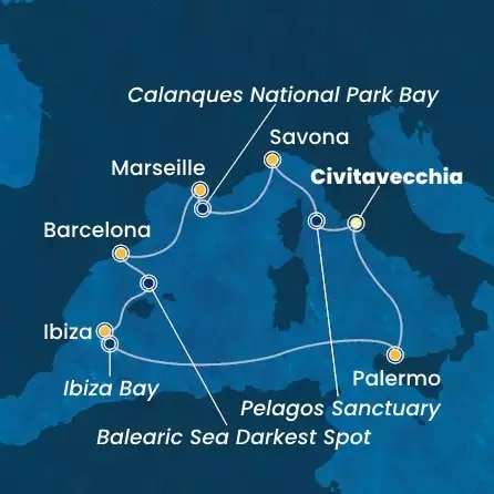 COSTA TOSCANA - itinerár  6 nocí odchod z CIVITAVECCHIA dňa 28/06/2025 - Italy, France, Spain, Balearic Islands