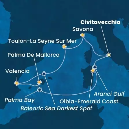 COSTA PACIFICA - itinerár  6 nocí odchod z CIVITAVECCHIA dňa 08/08/2025 - Italy, France, Spain, Balearic Islands