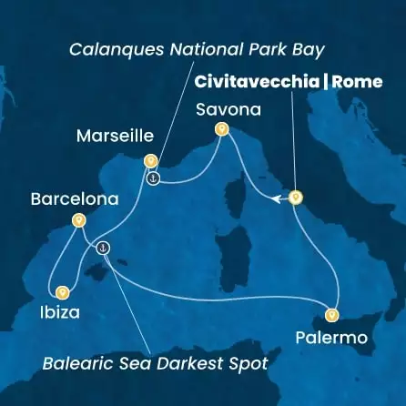 COSTA SMERALDA - itinerár  6 nocí odchod z CIVITAVECCHIA dňa 12/06/2026 - Italy, France, Balearic Islands, Spain