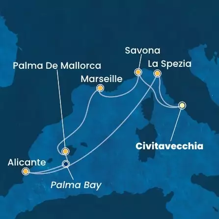 COSTA PACIFICA - itinerár  6 nocí odchod z CIVITAVECCHIA dňa 11/04/2026 - Italy, France, Balearic Islands, Spain