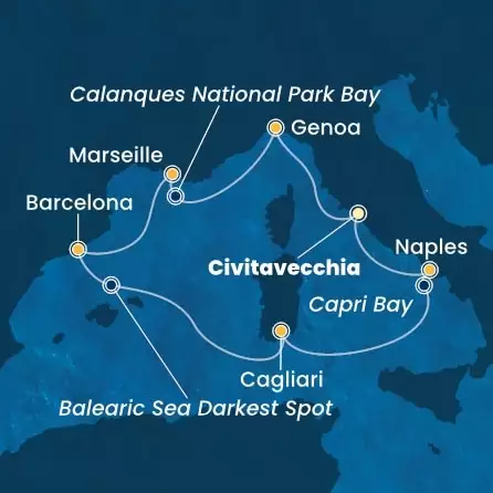 COSTA TOSCANA - itinerár  6 nocí odchod z CIVITAVECCHIA dňa 23/07/2026 - Italy, France, Spain