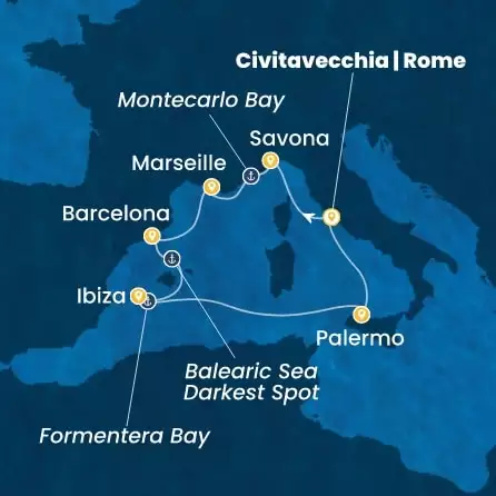 COSTA TOSCANA - itinerár  6 nocí odchod z CIVITAVECCHIA dňa 30/07/2027 - Italy, France, Spain, Balearic Islands