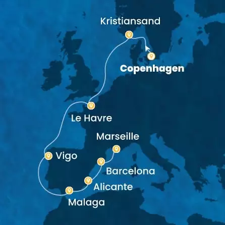 COSTA DIADEMA - itinerár  9 nocí odchod z COPENHAGEN dňa 12/09/2026 - Denmark, Norway, France, Spain