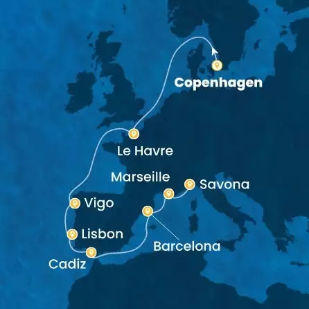 COSTA DIADEMA - itinerár  10 nocí odchod z COPENHAGEN dňa 11/09/2027 - Denmark, France, Spain, Portugal, Italy
