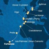 Brazil, Canary Islands, Morocco, Spain, Portugal, France, England, Denmark, Germany
