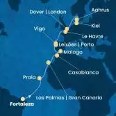 Brazil, Canary Islands, Morocco, Spain, Portugal, France, England, Denmark, Germany