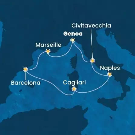COSTA TOSCANA - itinerár  6 nocí odchod z GENOA dňa 24/04/2026 - Italy, France, Spain