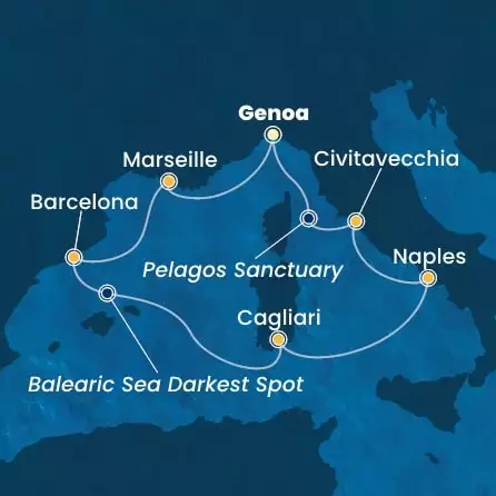 COSTA SMERALDA - itinerár  6 nocí odchod z GENOA dňa 10/10/2025 - Italy, France, Spain