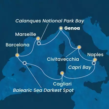 COSTA TOSCANA - itinerár  6 nocí odchod z GENOA dňa 01/05/2026 - Italy, France, Spain