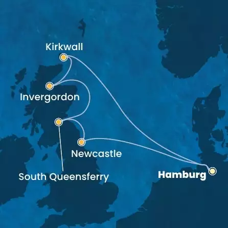 COSTA FAVOLOSA - itinerár  6 nocí odchod z HAMBURG dňa 17/05/2026 - Germany, England, Scotland