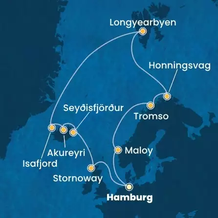 COSTA FAVOLOSA - itinerár  16 nocí odchod z HAMBURG dňa 14/07/2025 - Germany, Scotland, Iceland, Spitzbergen, Norway