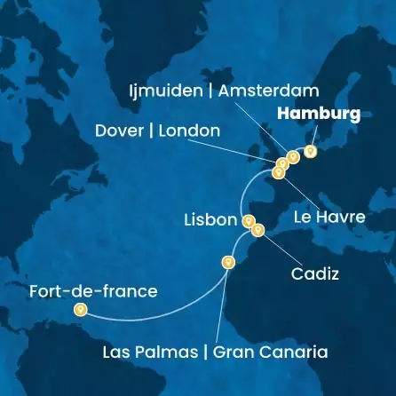 COSTA FAVOLOSA - itinerár  16 nocí odchod z HAMBURG dňa 08/11/2026 - Germany, England, France, Portugal, Spain, Canary Islands, Antilles