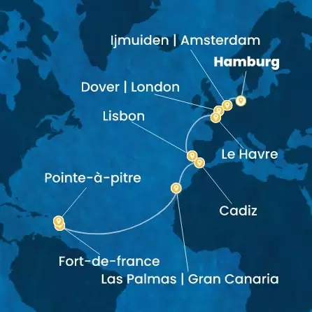 COSTA FAVOLOSA - itinerár  17 nocí odchod z HAMBURG dňa 08/11/2026 - Germany, England, France, Portugal, Spain, Canary Islands, Antilles