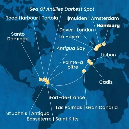 COSTA FAVOLOSA - itinerár  23 nocí odchod z HAMBURG dňa 08/11/2026 - Germany, England, France, Portugal, Spain, Canary Islands, Antilles, Virgin Islands
