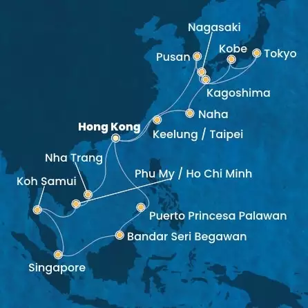 COSTA SERENA - itinerár  27 nocí odchod z HONG KONG dňa 21/11/2025 - China, Taiwan, Japan, South Korea, Vietnam, Singapore, Philippines