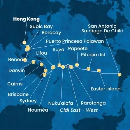 COSTA SERENA - itinerár  45 nocí odchod z HONG KONG dňa 23/10/2026 - China, Philippines, Australia, New Caledonia, Fiji, Tonga, Polynesia, Chile