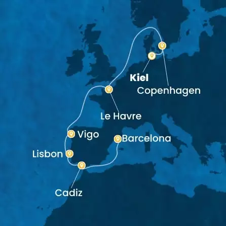 COSTA DIADEMA - itinerár  9 nocí odchod z KIEL dňa 10/09/2027 - Germany, Denmark, France, Spain, Portugal