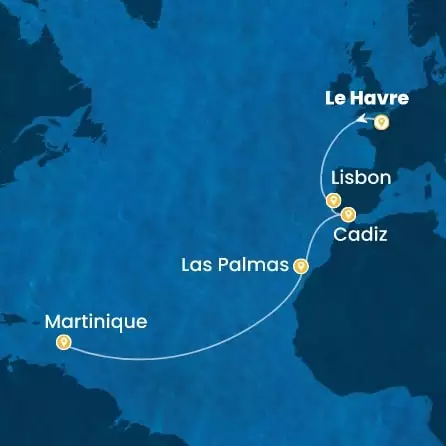 COSTA FAVOLOSA - itinerár  12 nocí odchod z LE HAVRE dňa 12/11/2026 - France, Portugal, Spain, Canary Islands, Antilles