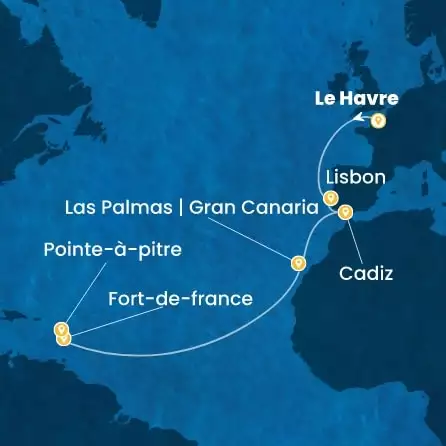 COSTA FAVOLOSA - itinerár  13 nocí odchod z LE HAVRE dňa 12/11/2026 - France, Portugal, Spain, Canary Islands, Antilles
