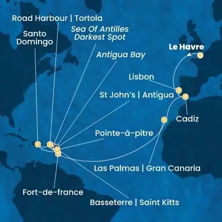 COSTA FAVOLOSA - itinerár  19 nocí odchod z LE HAVRE dňa 12/11/2026 - France, Portugal, Spain, Canary Islands, Antilles, Virgin Islands
