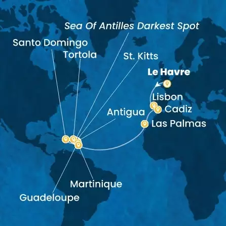 COSTA FAVOLOSA - itinerár  20 nocí odchod z LE HAVRE dňa 12/11/2026 - France, Portugal, Spain, Canary Islands, Antilles, Virgin Islands