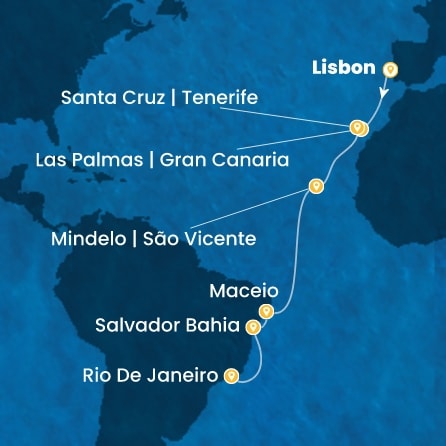 COSTA DIADEMA - itinerár  14 nocí odchod z LISBON dňa 08/11/2026 - Portugal, Canary Islands, Cape Verde, Brazil