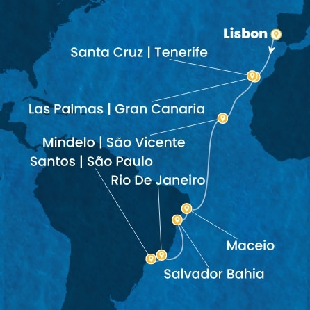 COSTA DIADEMA - itinerár  15 nocí odchod z LISBON dňa 08/11/2026 - Portugal, Canary Islands, Cape Verde, Brazil